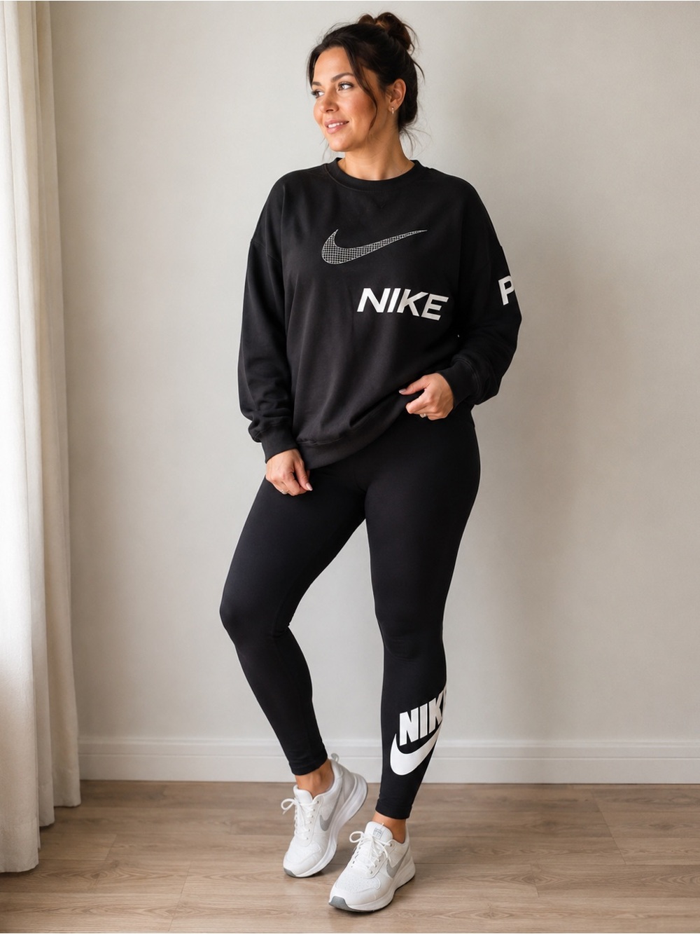 Nike women’s large Black Leggings with White Logo with Nike pro crewneck